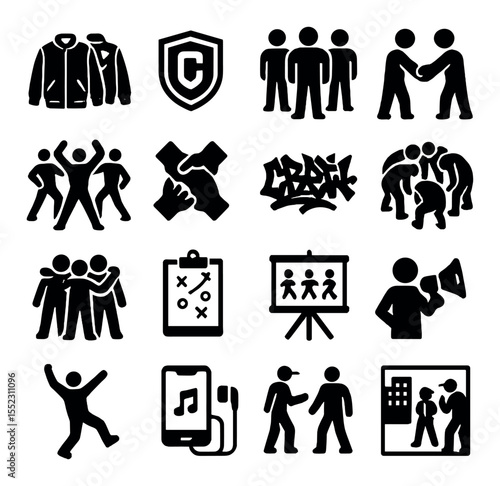 Dance crew culture icons in silhouette solid black-filled shapes with clean, simple : matching jackets, team logo emblem, group rehearsal pose, crew handshake, synchronized move, unity symbol,