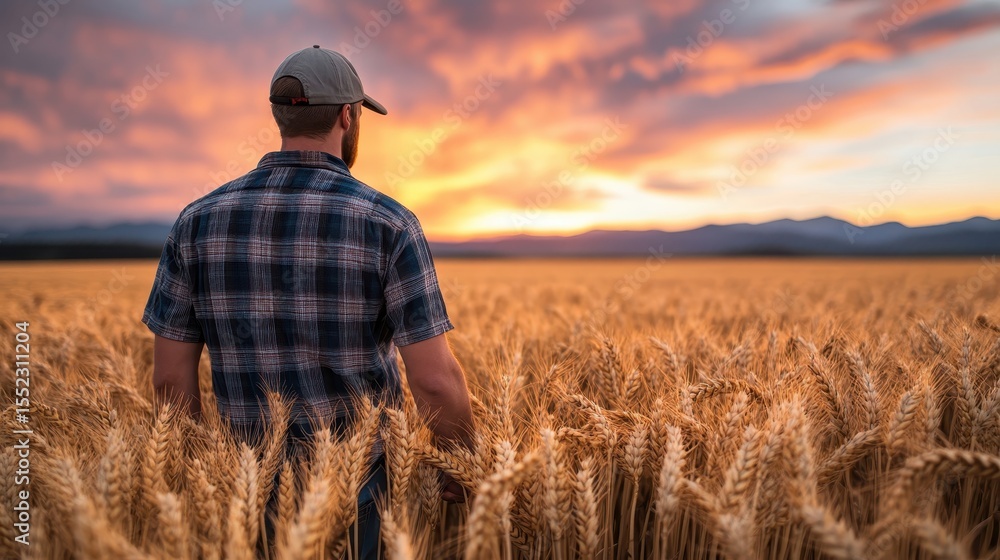 A man wearing a cap stands pensively in a golden wheat field while gazing at a breathtaking sunset, reflecting on life's beauty and the simplicity of nature. A man wearing a cap stands pensively in a golden wheat field while gazing at a breathtaking sunset, reflecting on life's beauty and the simplicity of nature.