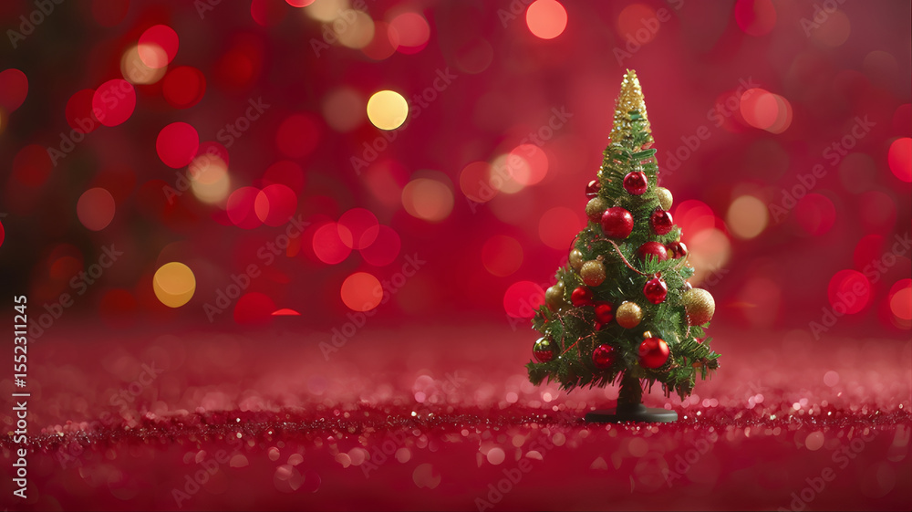 Miniature Christmas Tree Festive Red Background Snow Winter Holiday Season Décor Miniature Christmas Tree Festive Red Background Snow Winter Holiday Season Décor