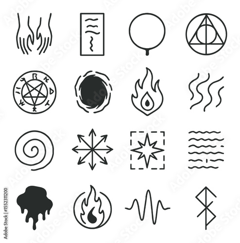Dark magic pages icons in minimalistic line art : shadow binding glyph, cursed mark script, blood ink seal, soul trap diagram, forbidden rune circle, nightmare portal sketch, dark flame sigil,