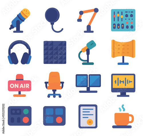 Podcast studio setup icons in modern flat vector in minimalistic vibrant color design: dynamic microphone, pop filter screen, boom arm stand, audio mixer panel, over-ear headphones, soundproof