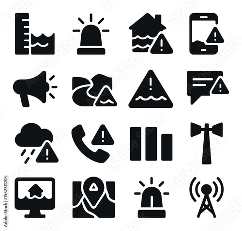 Flood warning and alerts icons in silhouette solid black-filled shapes with clean, simple : rising water gauge, flood alert siren, evacuation warning icon, mobile alert symbol, emergency