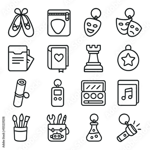 After-school activities locker icons in minimalistic line art : dance shoes, guitar pick pouch, drama mask keychain, sketchpad and pencils, debate notes folder, poetry journal, chess piece