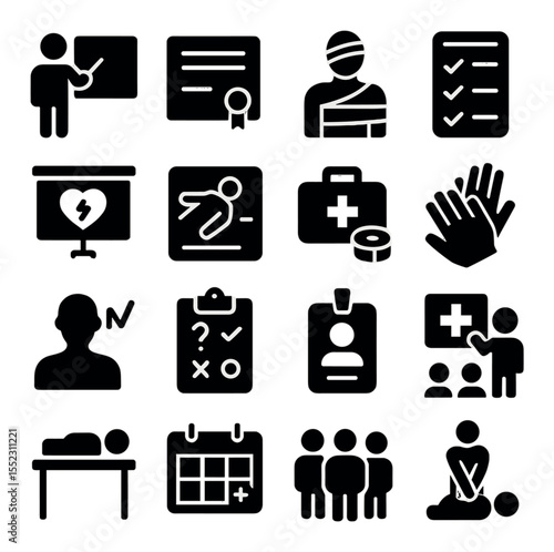 First aid training session items icons in silhouette solid black-filled shapes with clean, simple : instructor figure, training certificate, dummy with bandages, skill checklist clipboard,
