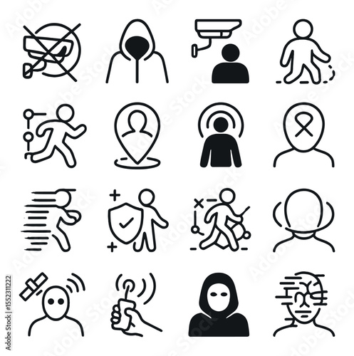 Surveillance evasion figures icons in minimalistic line art : figure with blocked camera icon, cloaked user avoiding detection, silhouette under CCTV beam, encrypted path follower, person