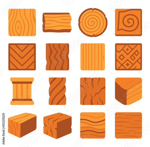 Wood textures and cuts icons in modern flat vector in minimalistic vibrant color design: smooth grain slice, bark-edged slab, crosscut disc, spiral pattern carving, geometric groove test, deep