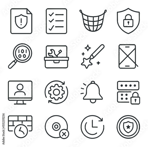 Response and containment icons in minimalistic line art : security incident report file, breach response checklist, threat containment net, system lockdown shield, forensic data scanner, breach