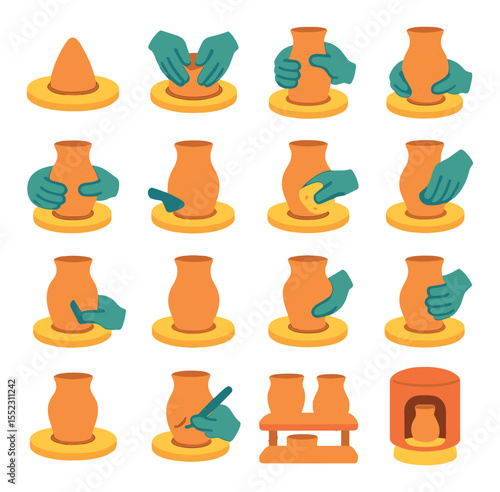 Pottery wheel process stages icons in modern flat vector in minimalistic vibrant color design: centered clay cone, opening center hole, pulling up walls, forming neck, widening rim, trimming