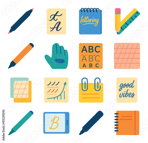 Modern calligraphy kit items icons in modern flat vector in minimalistic vibrant color design: dual tip brush pen, faux calligraphy guide, lettering sketchpad, pencil with ruler, fineliner pen,