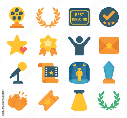 Award and recognition symbols icons in modern flat vector in minimalistic vibrant color design: golden film reel trophy, laurel wreath badge, best director plaque, jury pick icon, viewer’s