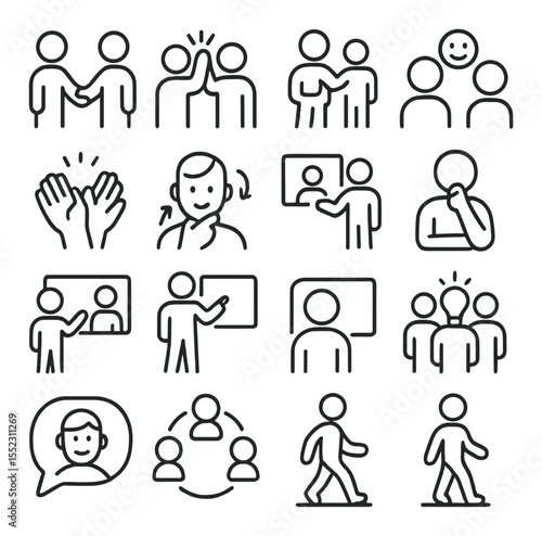 Avatar interactions icons in minimalistic line art : avatar handshake, high-five animation, shared screen gesture, emoji expression wave, applause icon, nodding avatar loop, thinking pose avatar