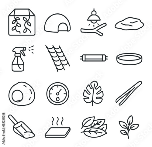 Desert and rainforest setups icons in minimalistic line art : glass terrarium with vines, humid hideout, heat lamp above branch, basking rock, mist sprayer, climbing net, UVB tube light, shallow