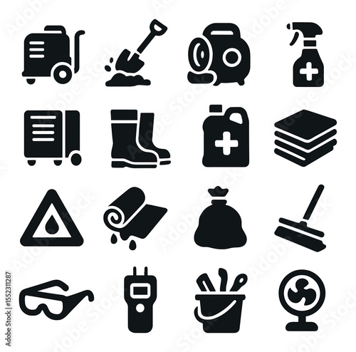 Post-flood cleanup tools icons in silhouette solid black-filled shapes with clean, simple : wet vacuum unit, shovel with mud, drying fan machine, mold removal spray, dehumidifier box, rubber