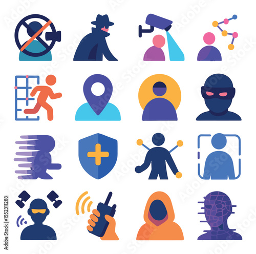 Surveillance evasion figures icons in modern flat vector in minimalistic vibrant color design: figure with blocked camera icon, cloaked user avoiding detection, silhouette under CCTV beam,