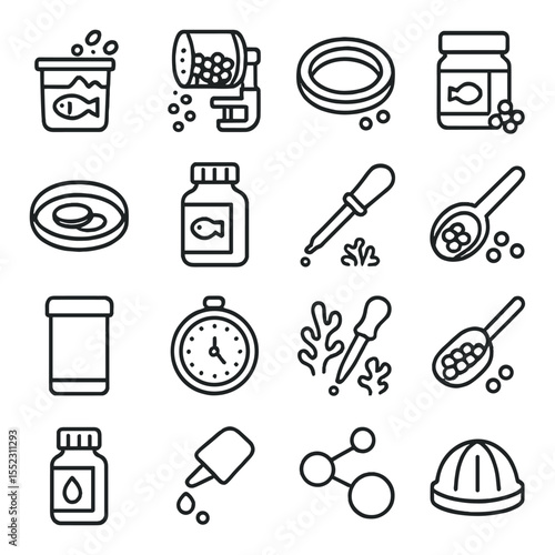Feeding and care items icons in minimalistic line art : fish food flakes, automatic feeder, feeding ring, sinking pellet jar, algae wafer dish, fish vitamins bottle, feeding pipette, herbivore