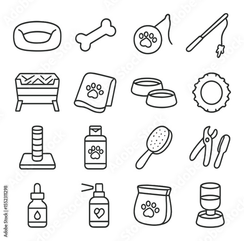 Care and comfort items icons in minimalistic line art : soft pet bed, squeaky bone toy, ball with paw prints, cat teaser wand, hay feeder box, cozy blanket with paw design, food and water bowls,