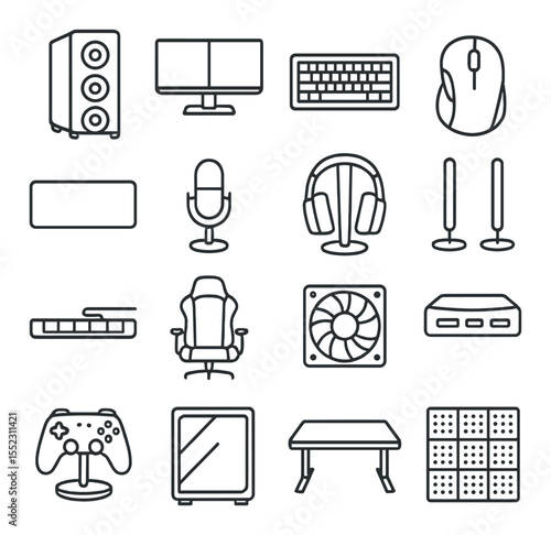 PC gaming station icons in minimalistic line art : gaming tower with RGB lights, dual monitor setup, mechanical keyboard, ergonomic gaming mouse, extended mousepad, desktop microphone, studio