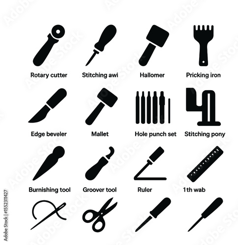 Leather crafting tools icons in silhouette solid black-filled shapes with clean, simple : rotary cutter, stitching awl, edge beveler, pricking iron, skiving knife, mallet, hole punch set,