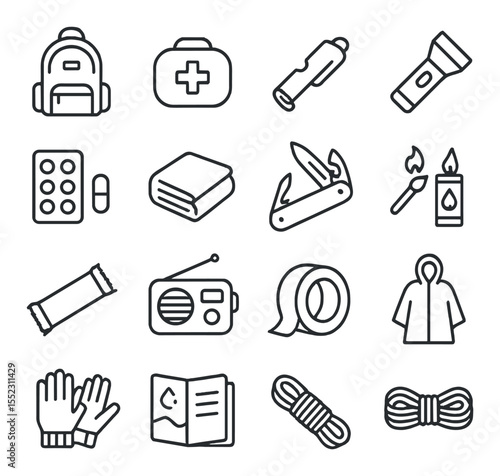 Basic survival kit contents icons in minimalistic line art : survival backpack, first aid pouch, emergency whistle, LED flashlight, water purification tablets, compact blanket, multi-tool knife,