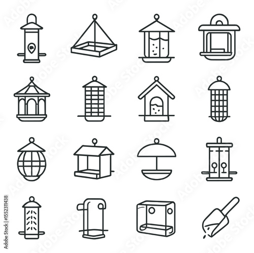 Backyard bird feeders icons in minimalistic line art : hanging tube feeder, platform tray feeder, suet cage, window-mounted feeder, decorative gazebo feeder, squirrel-proof feeder, hopper seed