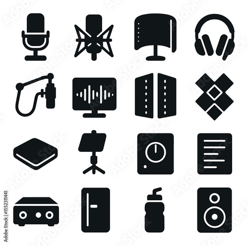 Voiceover recording booth icons in silhouette solid black-filled shapes with clean, simple : condenser microphone, shock mount, vocal reflection filter, studio headphones, boom arm with cable,