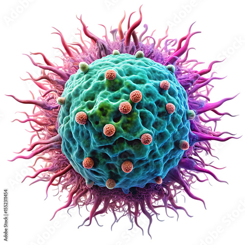Detailed microscopic view of a teal and pink cancer cell with orange spheres attached isolated on a transparent background