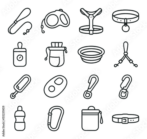 Dog walking gear icons in minimalistic line art : standard leash, retractable leash, harness with chest pad, collar with name tag, poop bag dispenser, treat pouch, collapsible water bowl,