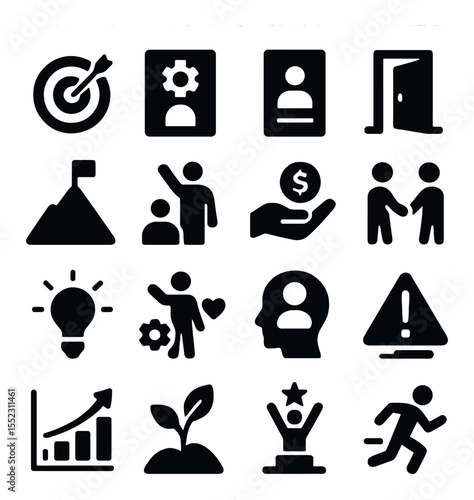 Career and success spread icons in silhouette solid black-filled shapes with clean, simple : goal focus card, skills spotlight card, current job card, opportunity card, obstacle card,