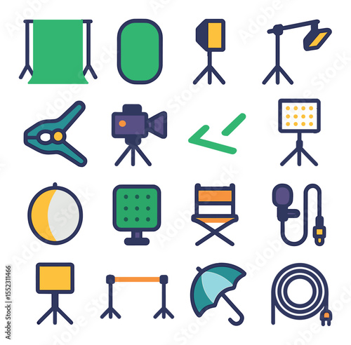 Studio green screen setup icons in modern flat vector in minimalistic vibrant color design: green fabric backdrop, collapsible background frame, lighting softbox, overhead boom arm, backdrop