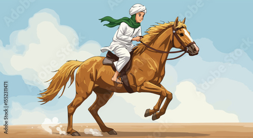 Arab Rider on Horseback, Galloping in the Desert with Confidence