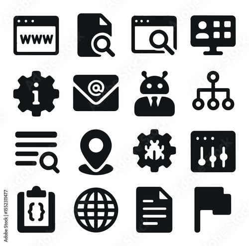 Reconnaissance tools icons in silhouette solid black-filled shapes with clean, simple : domain info scanner, WHOIS lookup file, subdomain finder tool, OSINT search panel, metadata extractor,