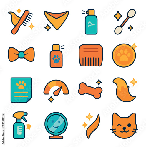 Post-groom care icons in modern flat vector in minimalistic vibrant color design: silky coat brush, fresh bandana, coat conditioning spray, clean ear swab, stylish bow tie, breath freshening