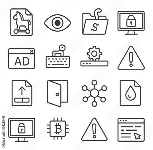 Malware types visualization icons in minimalistic line art : trojan horse file, spyware eye icon, worm in folder, ransomware lock screen, adware pop-up box, keylogger icon, rootkit under system