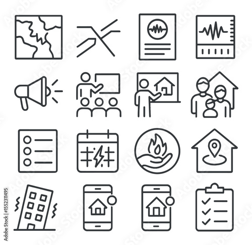 Earthquake awareness and prep icons in minimalistic line art : seismic zone map, fault line diagram, earthquake info flyer, shake intensity scale, awareness campaign poster, community training