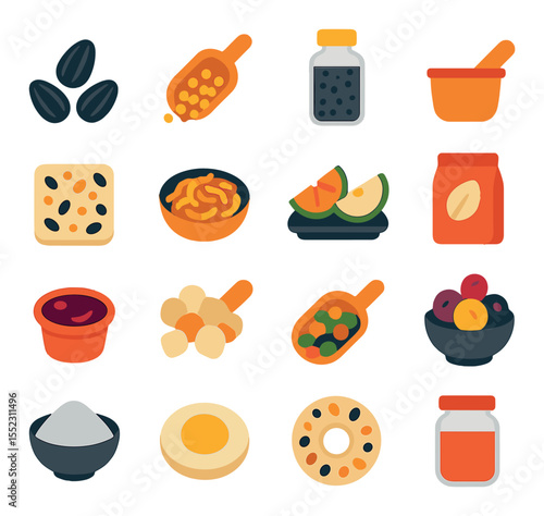 Bird food types icons in modern flat vector in minimalistic vibrant color design: black oil sunflower seeds, millet mix scoop, nyjer seed container, cracked corn cup, suet cake with seeds,