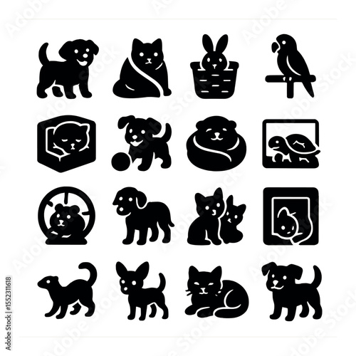 Adoptable pets icons in silhouette solid black-filled shapes with clean, simple : happy dog with wagging tail, curious cat in blanket, rabbit peeking from basket, parrot on perch, sleepy kitten