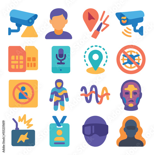 Surveillance evasion icons in modern flat vector in minimalistic vibrant color design: CCTV with blind spot, face blur effect, GPS jammer, camera scrambler, burner SIM cards, voice changer