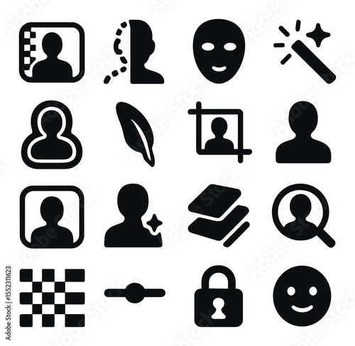 Cutout and subject tools icons in silhouette solid black-filled shapes with clean, simple : background remover tool, subject cutout shape, auto mask icon, magic wand selection, outline glow