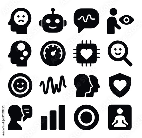 Emotional intelligence support icons in silhouette solid black-filled shapes with clean, simple : mood recognition icon, empathy bot face, tone analysis bubble, nonverbal cue tracker, mental