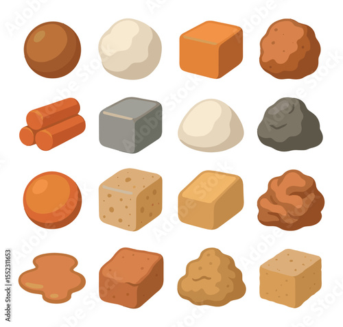 Types of clay used on the wheel icons in modern flat vector in minimalistic vibrant color design: stoneware clay ball, porcelain clay lump, earthenware block, grogged clay mass, red clay bundle