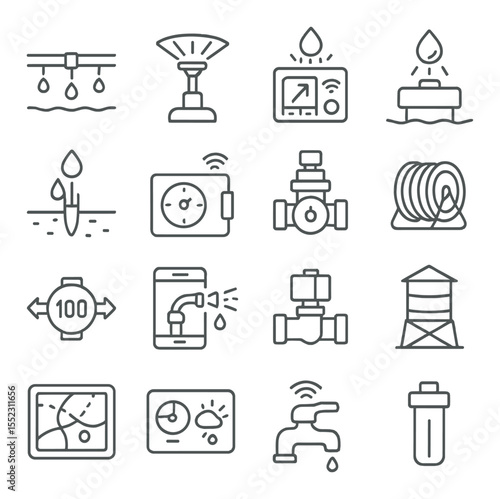 Smart irrigation systems icons in minimalistic line art : drip irrigation line, sprinkler head, irrigation control hub, rain sensor, moisture probe, automated timer box, pressure regulator, hose