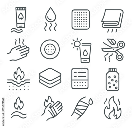 Burn and injury response icons in minimalistic line art : burn cooling gel, water rinse icon, non-stick burn pad, thermal blanket, blister protection patch, hand burn illustration, sunburn care