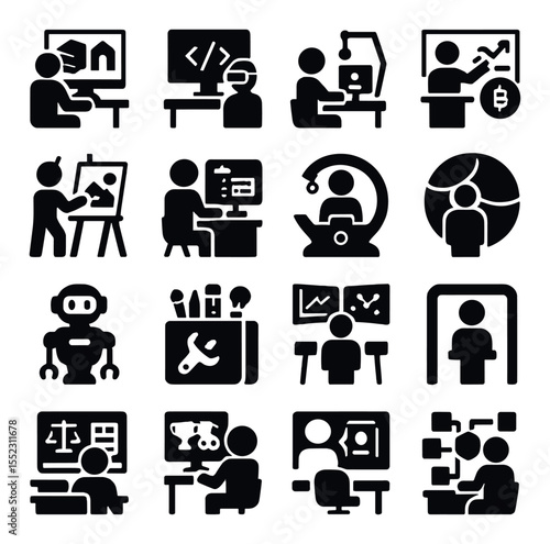 Metaverse career paths icons in silhouette solid black-filled shapes with clean, simple : virtual architect station, code dev avatar rig, content creator platform, crypto analyst board, NFT