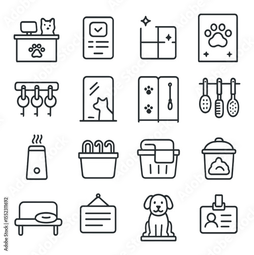 Salon environment icons in minimalistic line art : pet salon front desk, grooming appointment screen, clean tile floor, stylish paw-print wall, collar rack on wall, full-length pet mirror,