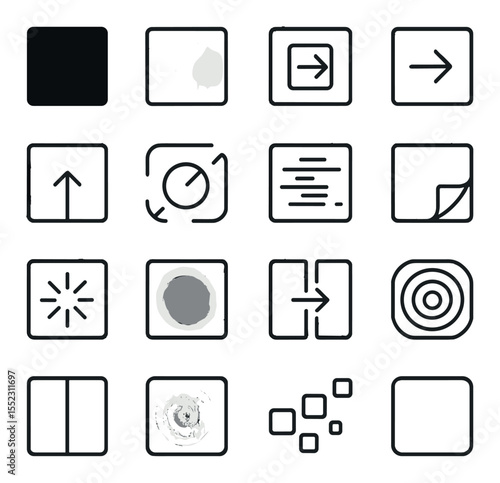 Video editing transitions icons in minimalistic line art : fade to black, cross dissolve, zoom in transition, slide left effect, wipe up transition, spin rotate cut, glitch distortion, page turn