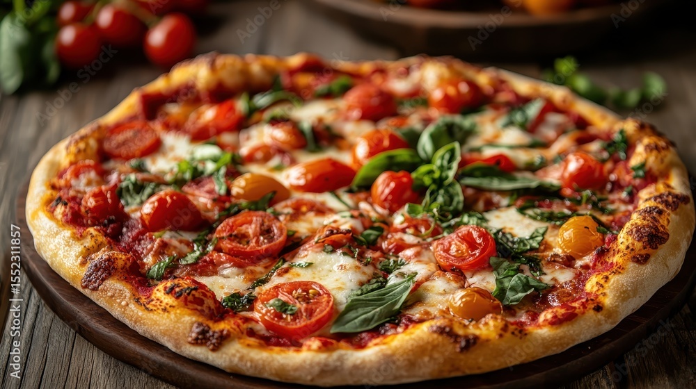 A beautifully crafted pizza features vibrant tomatoes and fresh basil, sitting on a rustic wooden surface, highlighting the allure of culinary art and gastronomy.