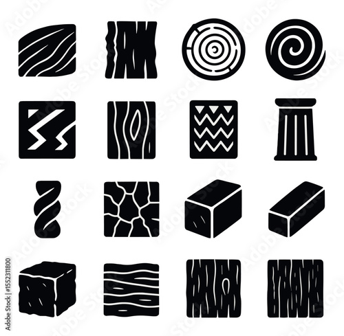 Wood textures and cuts icons in silhouette solid black-filled shapes with clean, simple : smooth grain slice, bark-edged slab, crosscut disc, spiral pattern carving, geometric groove test, deep
