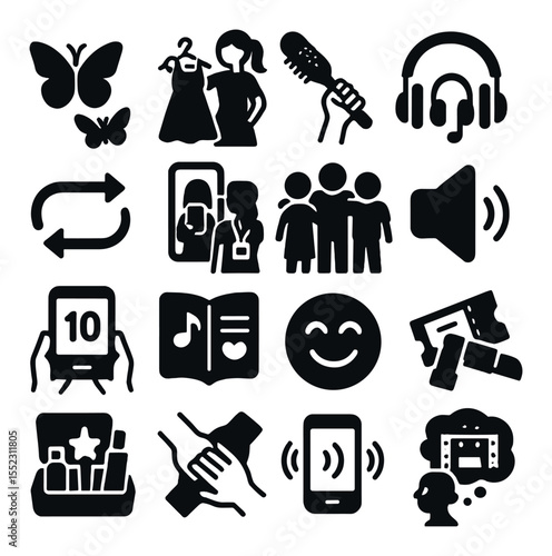 Pre-concert excitement icons in silhouette solid black-filled shapes with clean, simple : butterflies icon, outfit try-on moment, hairbrush microphone, jam session with headphones, playlist