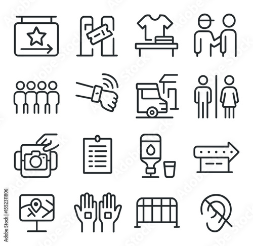 At the venue icons in minimalistic line art : concert entrance sign, ticket scanner gate, merch table display, security check icon, line of fans, wristband scan, food truck near venue, restroom