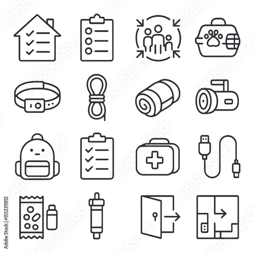 Family evacuation readiness icons in minimalistic line art : home emergency drill chart, emergency contact list, family meeting point icon, emergency pet kit, child safety wristband, fire escape